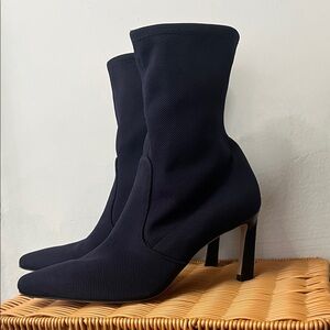 Stuart Weitzman Navy Stretch Sock / Knit Heeled Boots